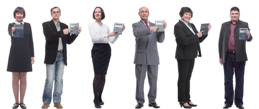 collage of people demonstrate calculator in hand isolated on white background