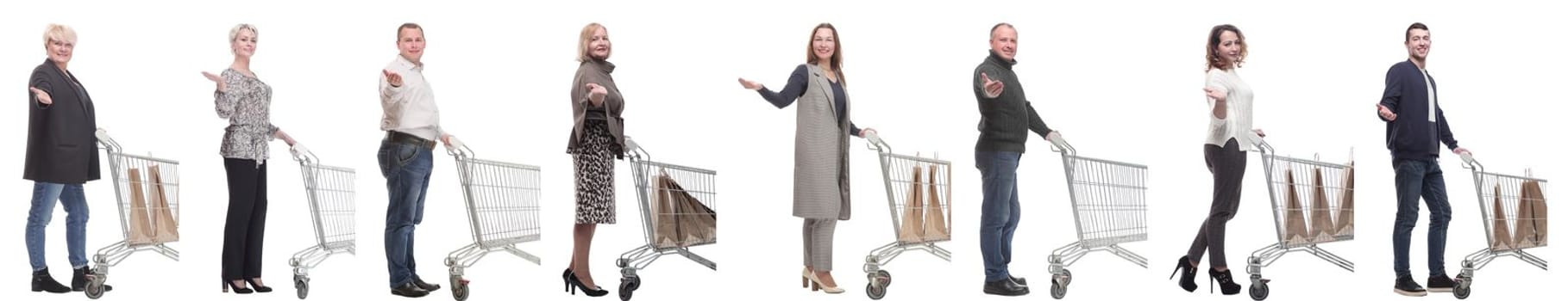 group of people with shopping cart on white background