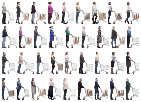 group of people with cart looking ahead isolated on white background