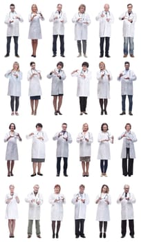 group of doctors holding jar isolated on white background