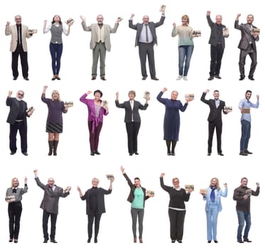 group of happy people with gifts in their hands isolated on white background