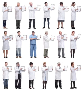 full length group of doctors with notepad isolated on white background