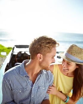 Road trip car park, beach and travel couple on holiday love adventure, transportation journey or fun summer vacation. Ocean sea mockup, relax driver or driving people bonding in Australia countryside.