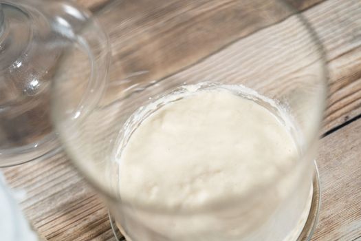 Feeding sourdough starter in a glass mason jar for baking artisan bread.