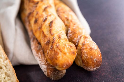 Freshly baked small French baguette bread.