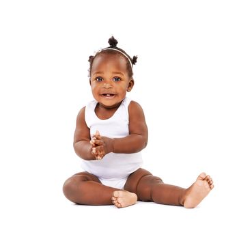 Sounds good to me. Studio portrait of a happy baby girl isolated on white
