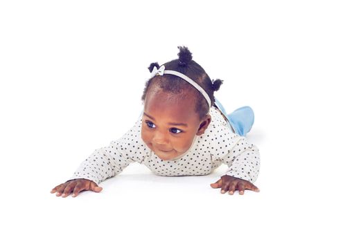 Time to explore...Studio shot of a baby girl crawling against a white background