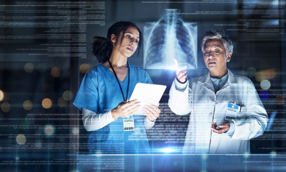 Doctors, healthcare or tablet with abstract lungs in tuberculosis, cancer or heart analytics in night hospital teamwork. Futuristic, hologram or breathing organ on technology for women collaboration.