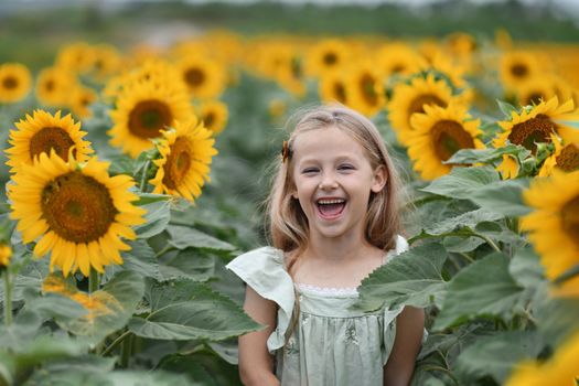 A girl in a dress enjoys life in a field with sunflowers