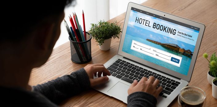 Online hotel accommodation booking website provide modish reservation system . Travel technology concept .