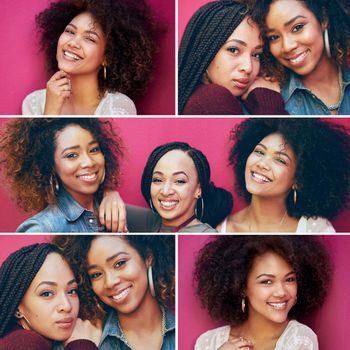 Collage, black women and friends on pink wall for beauty, happiness and afro, braids and natural hair for cosmetic, makeup and haircare portrait. Face of females together for hairstyle inspiration.