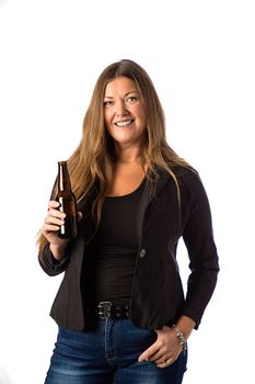 Isolated portrait of a forty year old woman in a sport coat holding a brown beer bottle