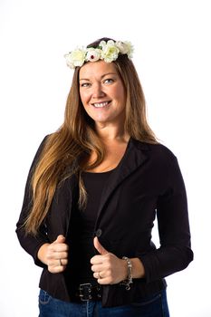Isolated portrait of a forty year old woman in a sport coat, wearing a crown of blue and white roses