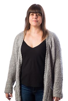 Isolated portrait of a forty year old woman, wearing a gray vest