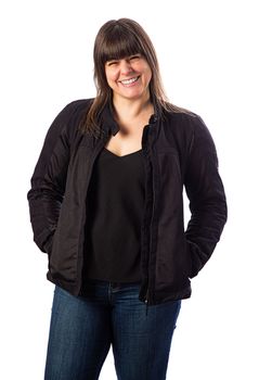 Isolated portrait of a forty year old woman, wearing a biker coat