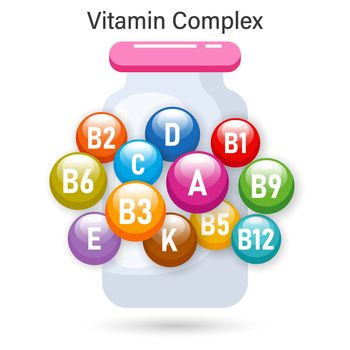 Vitamin complex for healthy nutrition. Illustration of vitamin icons in a medicinal vial. The concept of medicine and healthcare.