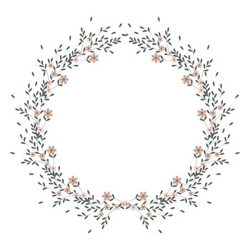 Spring frame of small flowers and scattered small leaves. Easter frame, spring illustration