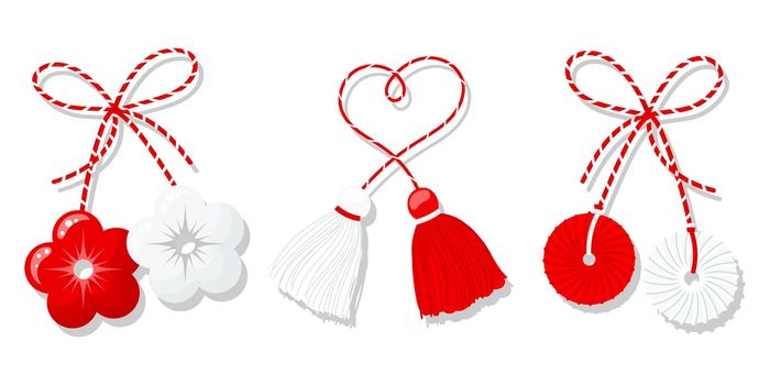 Martisor set, red and white symbol of spring. Traditional spring holiday in Romania and Moldova. Symbols, talismans, icons