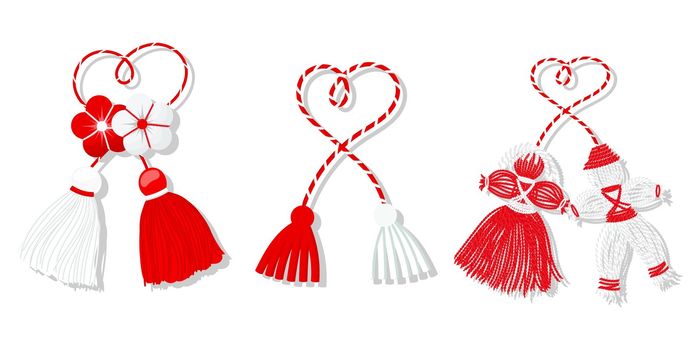 Martisor set, red and white symbol of spring. Traditional spring holiday in Romania and Moldova. Symbols, talismans, icons