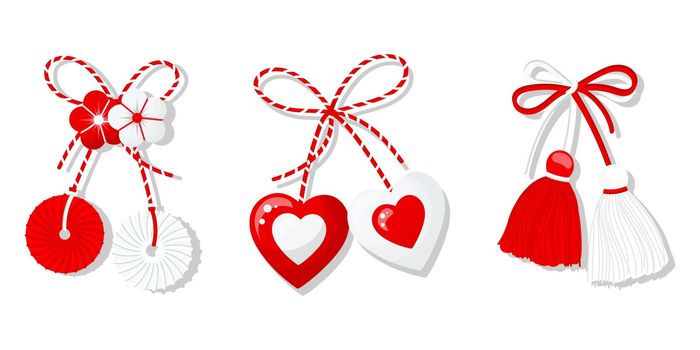 Martisor set, red and white symbol of spring. Traditional spring holiday in Romania and Moldova. Symbols, talismans, icons