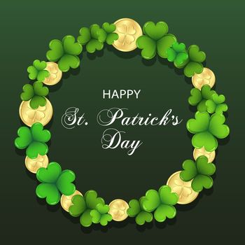 St. Patrick's Day, elegant round frame with shamrock leaves and golden coins on dark background. Postcard, banner, poster, vector