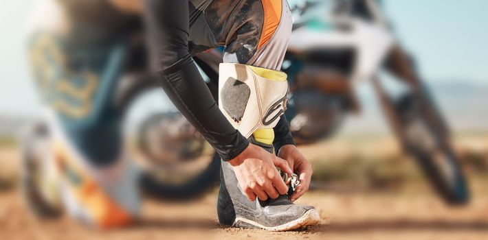 Start, motorcycle and man tying laces in nature for adventure, holiday and race in the countryside. Road, travel and biker ready with shoes for a journey on a motorbike on a dirt road for freedom.