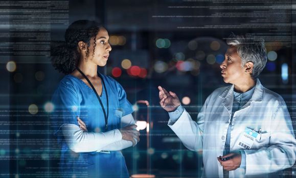 Doctors, talking or futuristic teamwork in hospital night collaboration, surgery planning or wellness research. Medical, big data or future abstract graphic for healthcare women, worker or ai overlay.