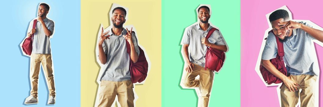Collage, series and education with a black man student on different color background for back to school marketing. Advertising, study and learning with a cutout of a male university or college pupil.