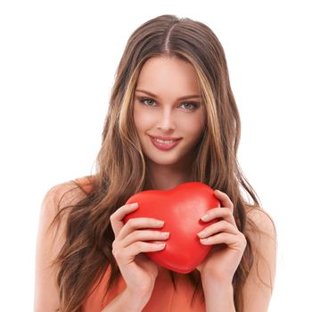 Heart, love and face portrait of woman with red object, romantic product or emoji icon for Valentines Day holiday. Beauty, smile and studio headshot of happy model girl isolated on white background.