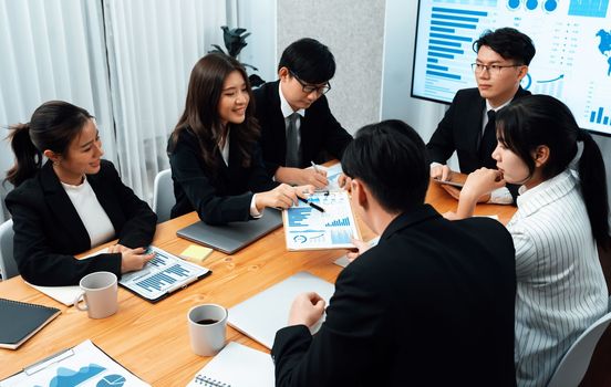 Business team of financial data analysis meeting with business intelligence, report paper and dashboard on laptop for marketing strategy. Business people working together to promote harmony in office.