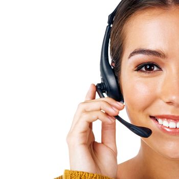 Call center, mockup and half face of woman isolated with communication on call on white background. Telemarketing, crm and portrait of girl in headset, consultant at customer service agency in studio.