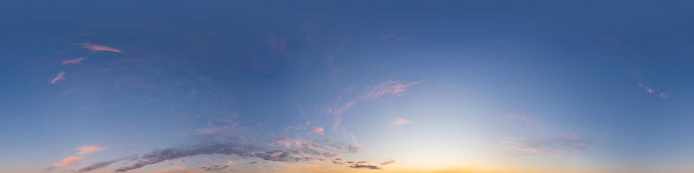 Dark blue sunset sky panorama with pink Cumulus clouds. Seamless hdr 360 pano in spherical equirectangular format. Full zenith for 3D visualization, game, sky replacement for aerial drone panoramas