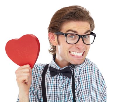 Portrait of man, excited and holding heart emoji for love, romance and valentines day isolated on white background. Smile, happy geek and valentine shape surprise with glasses and bow tie in studio