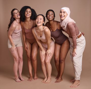Diversity, women and beauty in studio for self love, global community and support, wellness and healthy skincare. Portrait, female and happy models, body positive group and inclusion with solidarity.