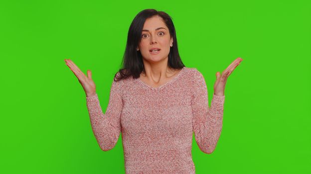 Young pretty woman feeling hopelessness loneliness, nervous breakdown, loses becoming surprised by lottery results, bad fortune, loss, unlucky news. Caucasian girl isolated on chroma key background