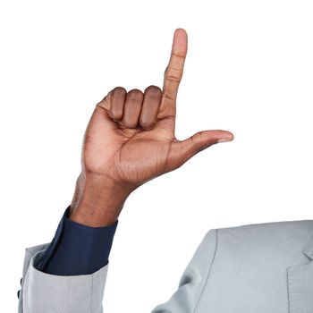 Black man, hand and pointing sign for business mockup isolated on white background. Hands of male entrepreneur show symbol, emoji or vote communication for advertising space for promo deal on logo.
