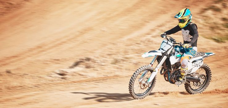 Motorbike, motorcross and speed on dunes with power, mockup and desert sports. Driver, motorcycle and travel on dirt track, sand and driving on adventure course for fast action, freedom and cycling.