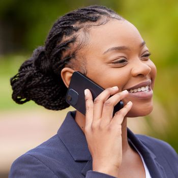 Business woman, face and phone call in city travel for company networking, startup collaboration or customer negotiation. Smile, happy and talking corporate worker on mobile communication technology.
