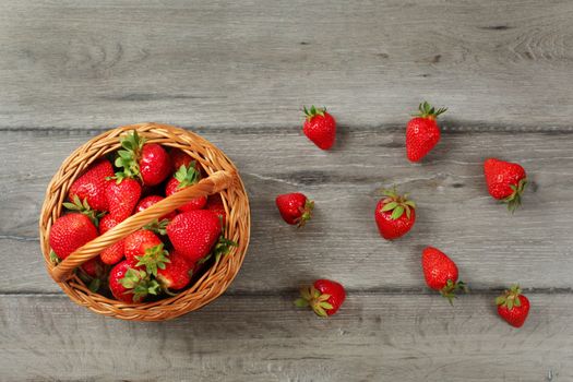 Tabletop view basket with strawberries, some of them spilled on gray wood boards desk.