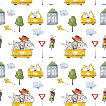Cartoon bear, elephant and bunny in yellow car and buildings watercolor seamless pattern. Automobile transportation with cute animals, traffic lights and trees aquarelle travel illustration