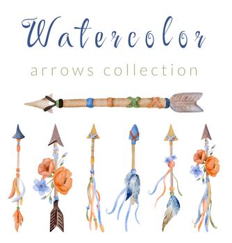 Floral arrow watercolor painting in boho style collection. Tribal bohemian symbol with flowers aquarelle drawings set