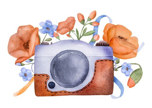 Retro photo camera with poppy flowers watercolor painting for postcard design. Vintage photographer lens with traditional floral ornament