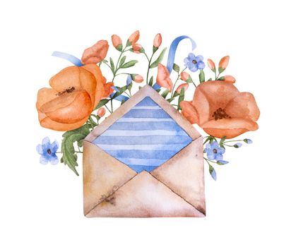 Vintage envelope with poppy flowers watercolor painting. Retrro letter paper with floral ornament aquarelle drawing
