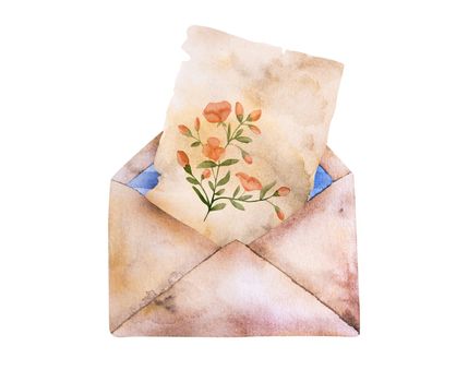 Vintage envelope with poppy flowers on letter watercolor painting. Retrro paper with traditipnal floral ornament aquarelle drawing