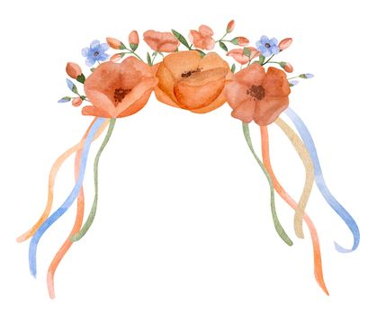 Floral watercolor spring wreath painting for postcard design and decoration with copy space. Traditional red flowers with ribbons on white background in aquarelle drawing