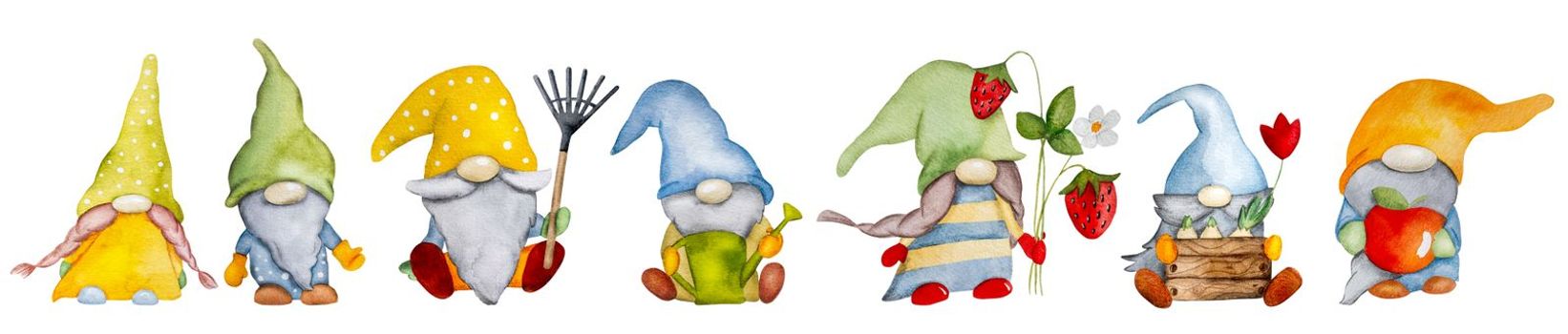 Watercolor hand drawn gnome dwarf set on white background for postcards. Troll elf aquarelle paintings collection