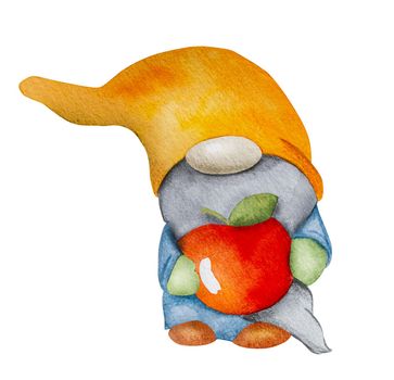 Watercolor hand drawn gnome dwarf with apple on white background for postcards. Troll elf aquarelle painting