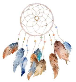 Tribal feather boho dreamcatcher watercolor ornament. Traditional dream catcher ethnic wing painting