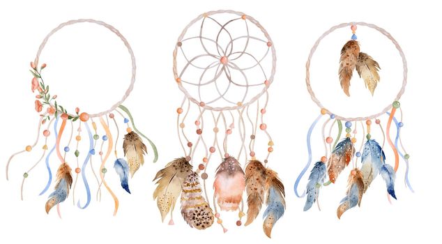 Tribal feather boho dreamcatcher watercolor ornament. Traditional dream catcher ethnic wing painting