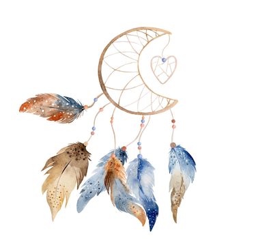 Tribal boho dreamcatcher watercolor ornament with aztec feathers and arrow. Traditional dream catcher ethnic wing painting